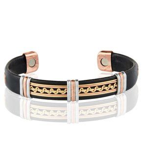 Copper Leatherette Magnetic Bracelet Arthritis Pain Therapy Cuff Bangle Two Tone